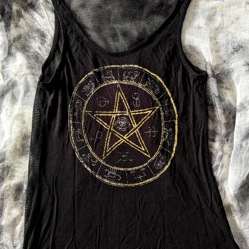 Black mesh back pentagram tank top